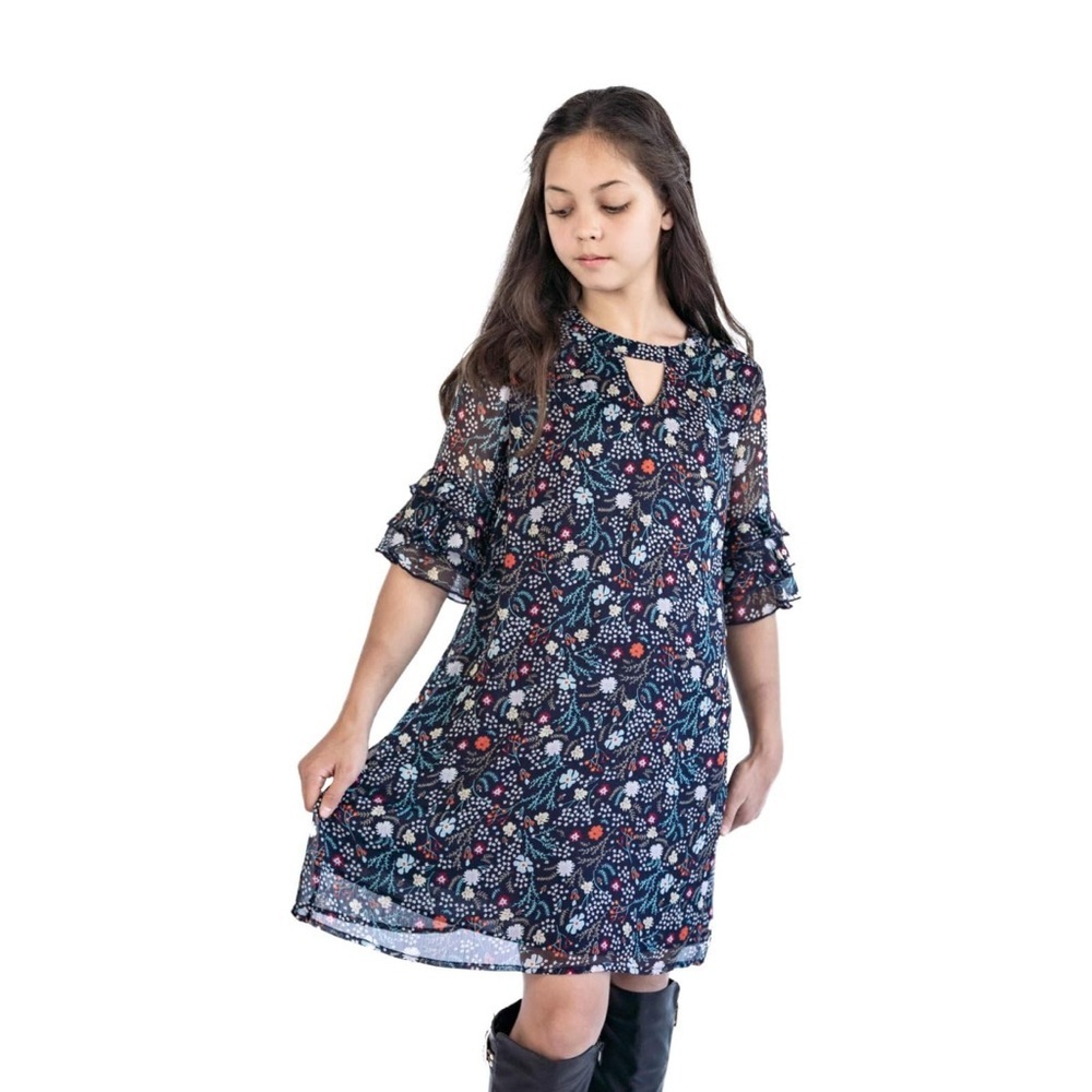 Smukke Teen Girl Navy Floral Semi Formal‎ Dress Ruffle Sleeve Lined Holiday 14